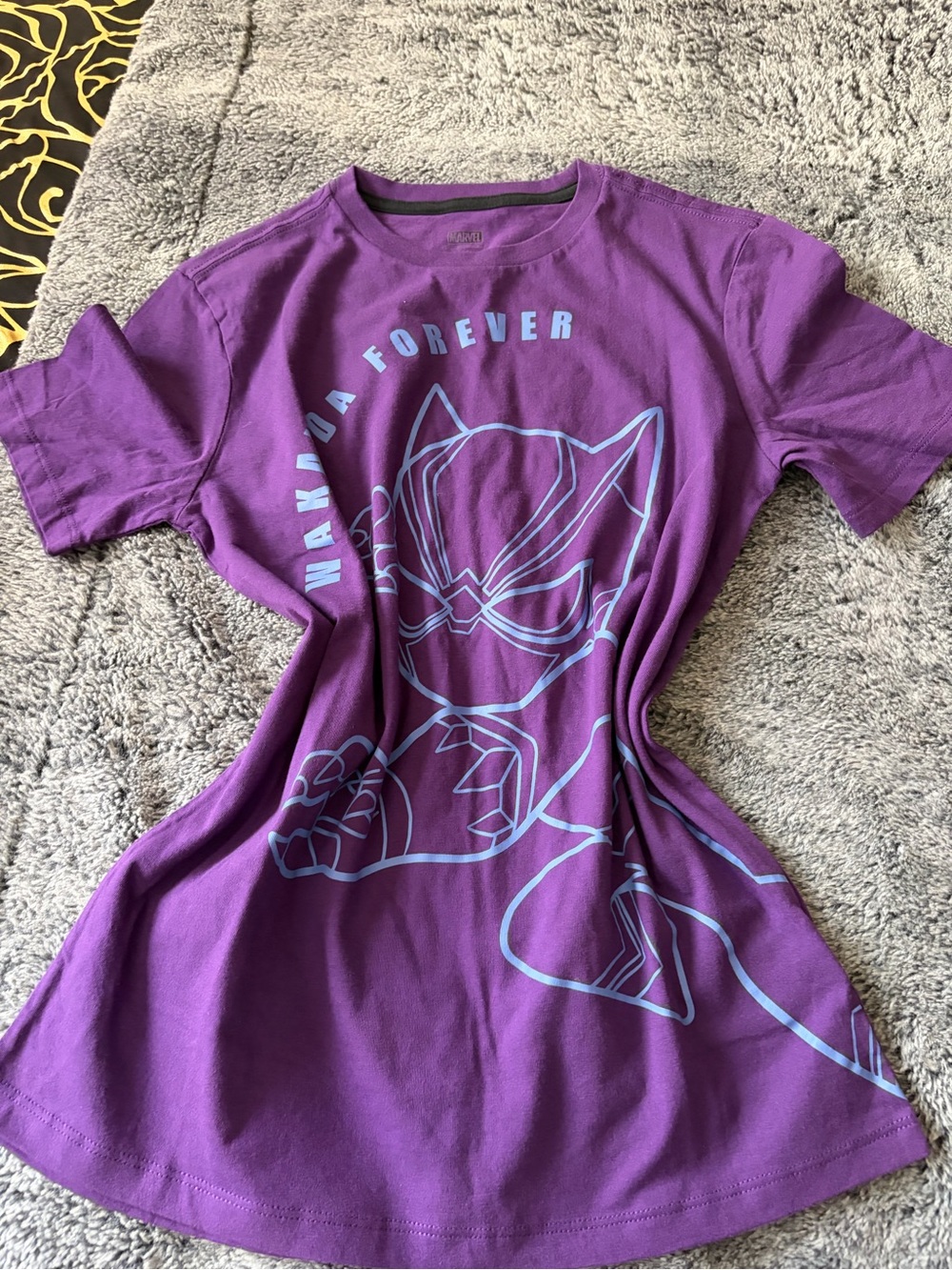 Marvel Purple Kids 'Wakanda Forever' Graphic Tee with Light Blue Print